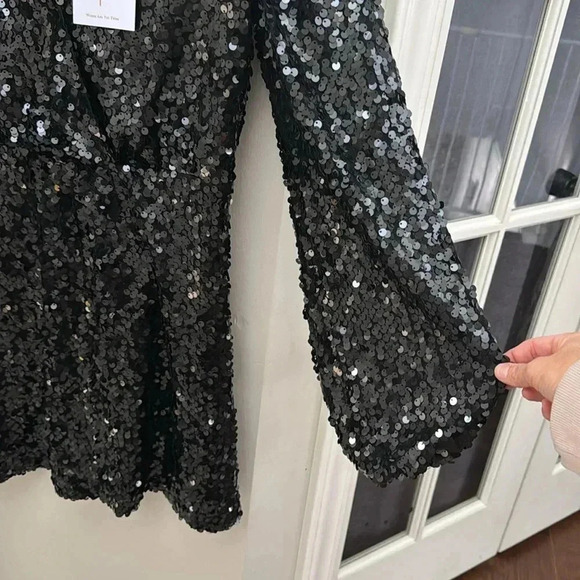 NEW WAYF Black CARRIE Balloon Long Sleeve Sequin Cocktail Mini Dress - Picture 8 of 13